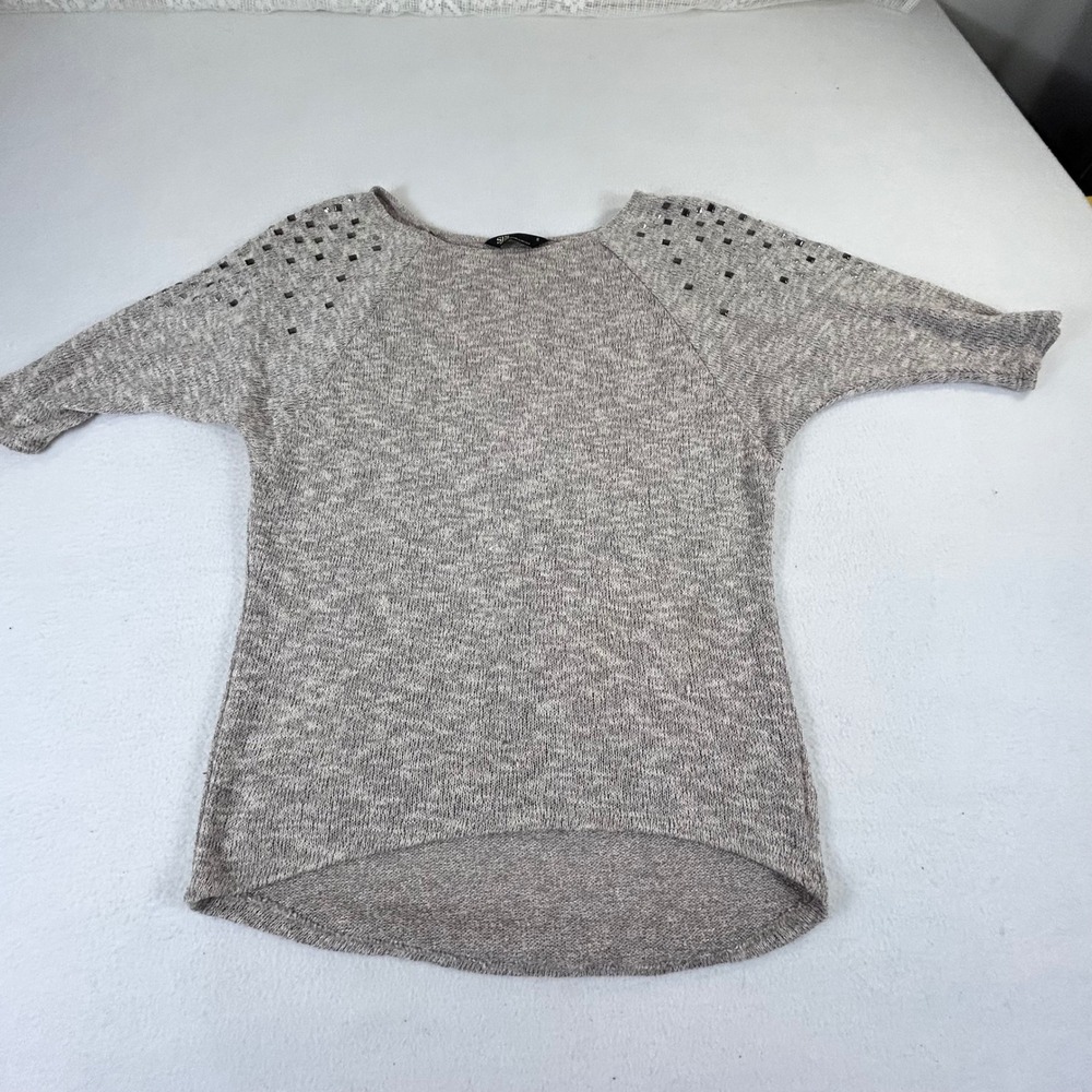 SJS‎ Womens Studded Shoulder Marled Knit Top Beige Gray Short Sleeve Small USA